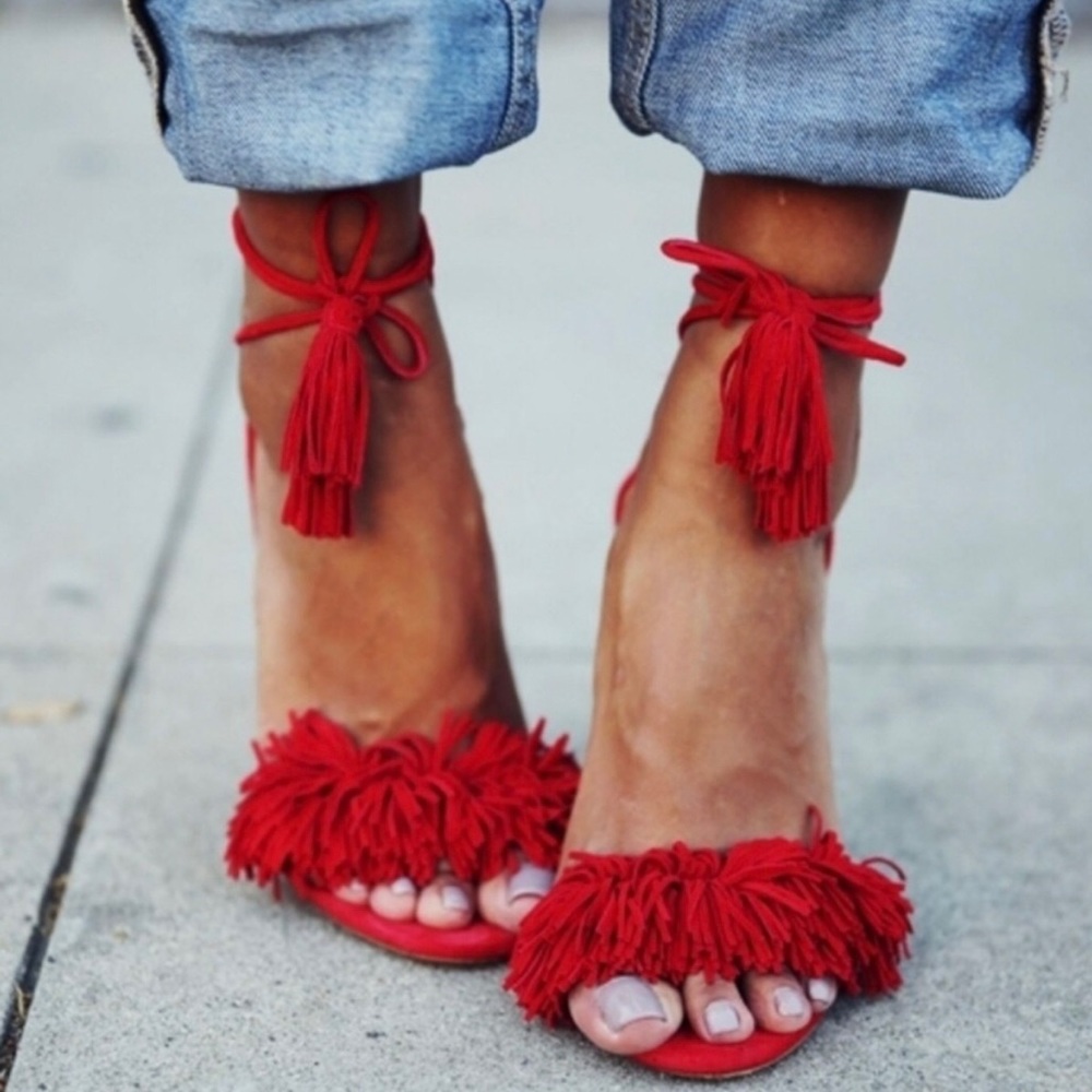 Aquazzura Red Tassel Tie Wrap Sandals Wild Thing